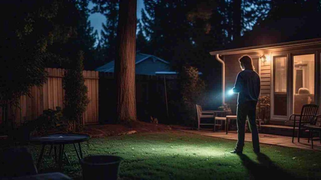 shadow figure in suburban backyard