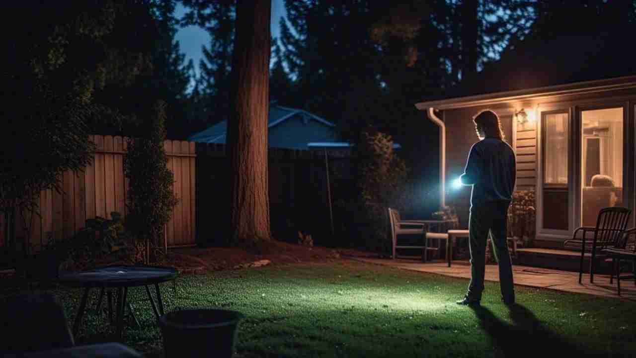 shadow figure in suburban backyard